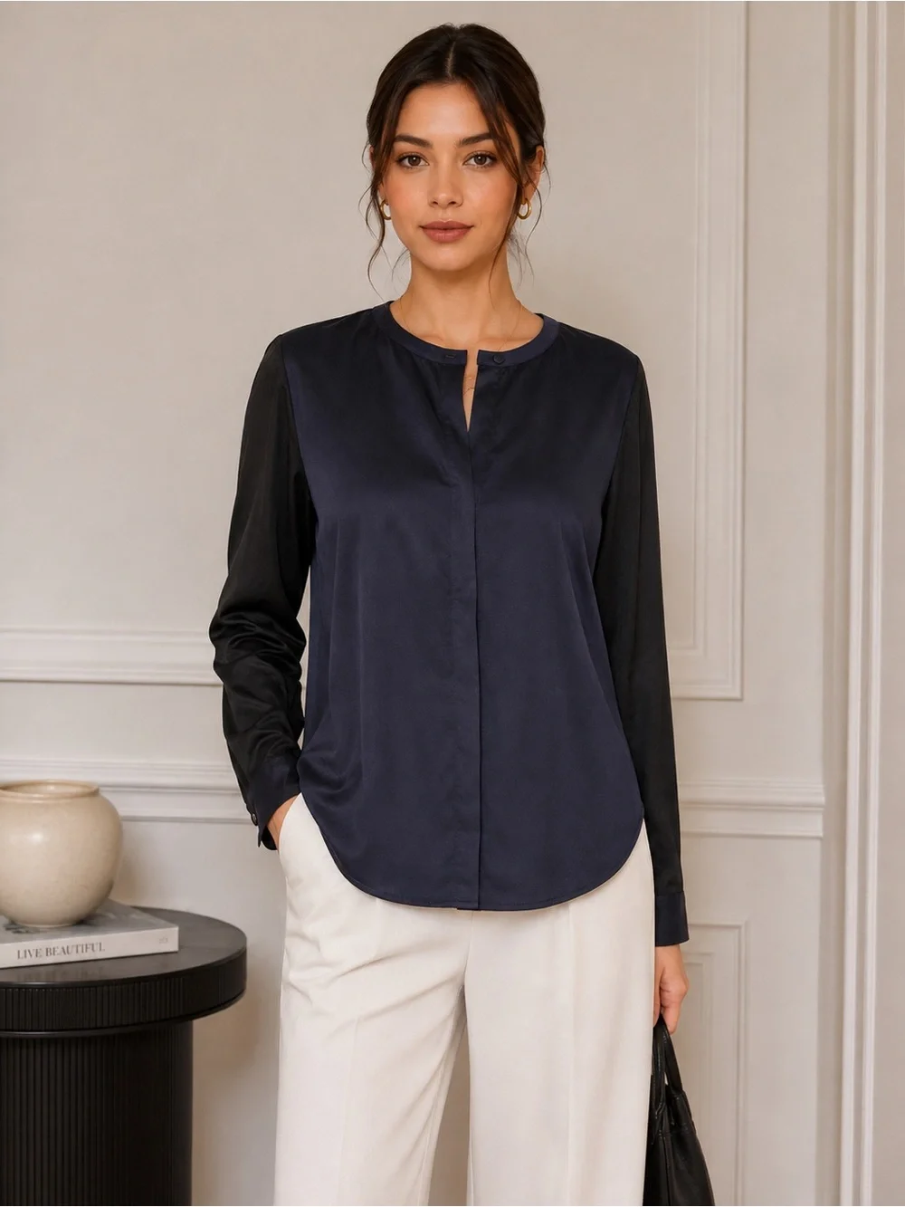 Tory Burch Meg 93% Silk Tunic Blouse Black Navy Colorblock Quiet Luxury Sz 4